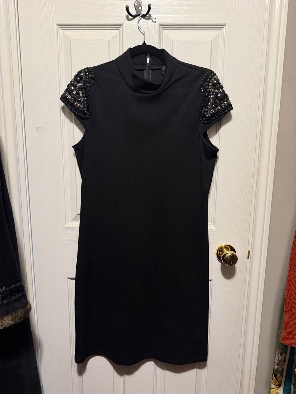 Black Beaded Cap-Sleeve Mini Dress